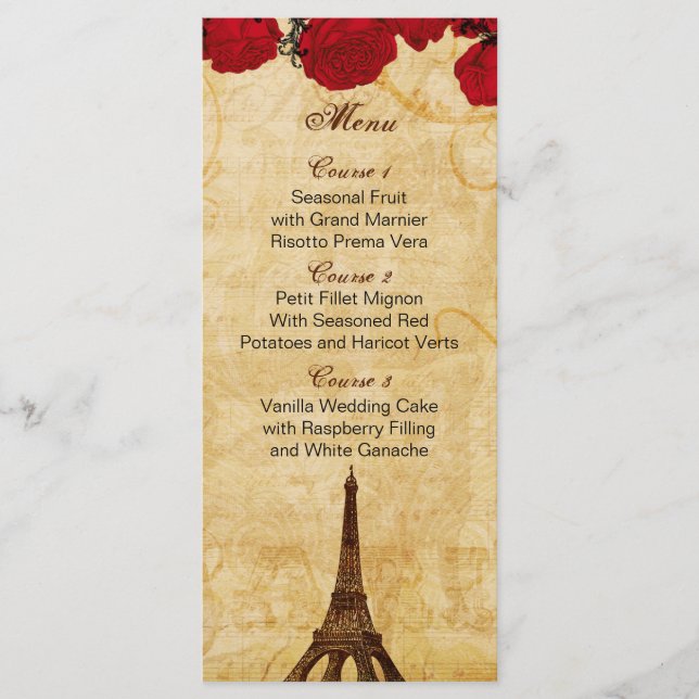 red vintage eiffel tower Paris wedding menu cards (Front)