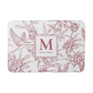 Red Vintage Floral Toile de Jouy French Monogram Bath Mat
