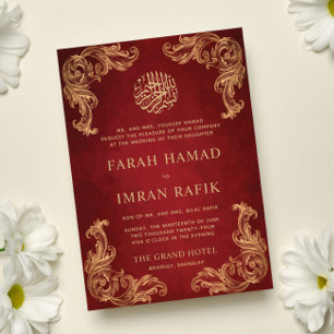 Red Vintage Gold Corner Islamic Muslim Wedding Invitation