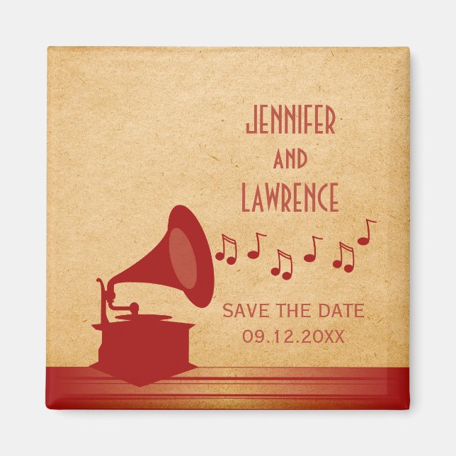 Red Vintage Gramophone Save the Date Magnet (Front)