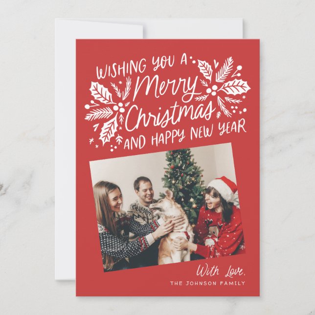 Red Vintage Holly Tilted Snapshot Photo Holiday Card (Front)