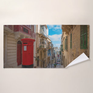 Red vintage mail box in Malta Bath Towel