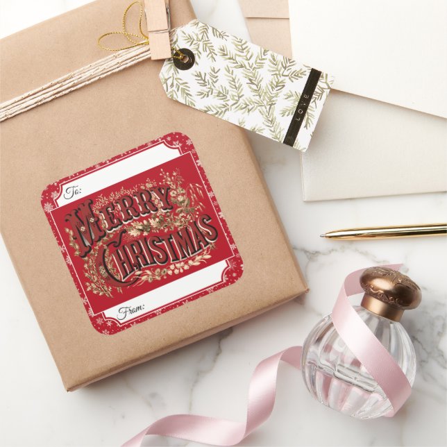 Red Vintage Merry Christmas Gift Label Stickers (Gifting)