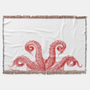 Red Vintage Octopus Tentacles Illustration Throw Blanket