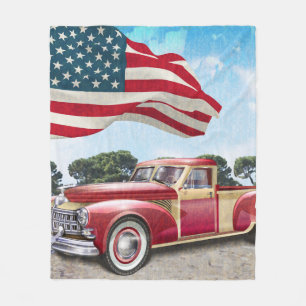 Red vintage pick up truck with American flag. Fleece Blanket