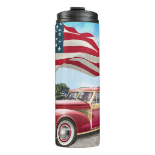 Red vintage pick up truck with American flag. Thermal Tumbler