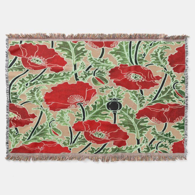 Red Vintage Poppy Throw Blanket (Front)
