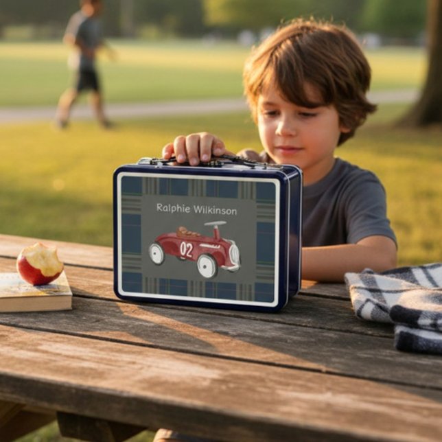 Red Vintage Racecar Plaid Boy's Name Lunchbox (Creator Uploaded)