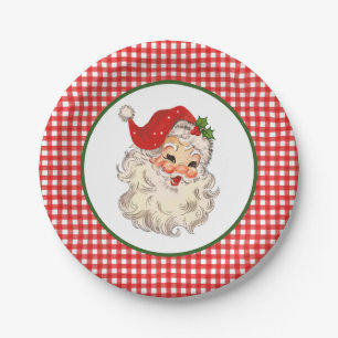 Red Vintage Retro Santa with Red Plaid Paper Plate