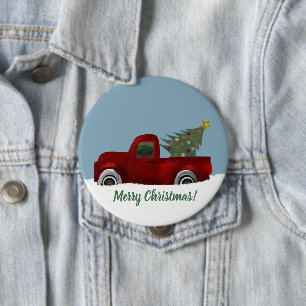 Red vintage Retro Truck and Christmas Tree 10 Cm Round Badge