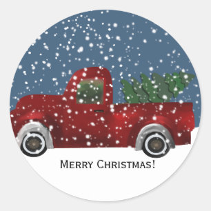Red vintage Retro Truck and  Christmas Tree Classic Round Sticker