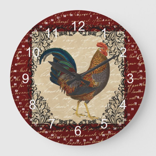 Red Vintage Rooster Large Clock (Front)