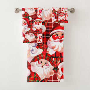 Red Vintage Santa Claus Tartan Plaid Christmas Bath Towel Set