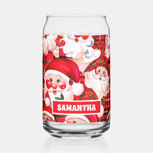 Red Vintage Santa Claus Tartan Plaid Christmas Can Glass