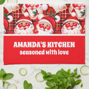 Red Vintage Santa Claus Tartan Plaid Christmas Tea Towel