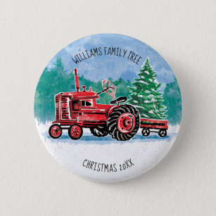 Red Vintage Tractor Christmas Tree Add Name 6 Cm Round Badge