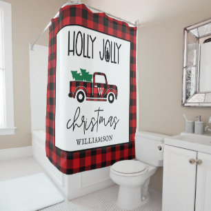 Red Vintage Truck Buffalo Plaid Personalised  Shower Curtain