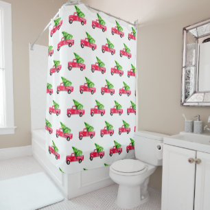 Red Vintage Truck Christmas Tree Watercolor Shower Curtain