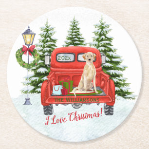 Red Vintage Truck Lab Retriever Snow Family Name Round Paper Coaster