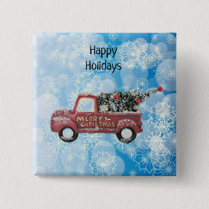 red vintage truck on a blue snowflake background   15 cm square badge