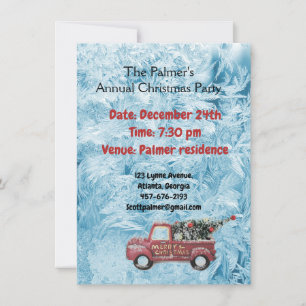 red vintage truck on a blue snowflake background invitation