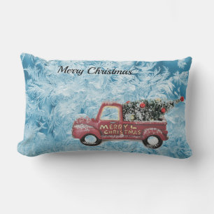 red vintage truck on a blue snowflake background lumbar cushion