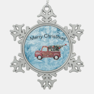 red vintage truck on a blue snowflake background pewter christmas ornament