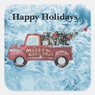 red vintage truck on a blue snowflake background square sticker
