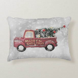 red vintage truck on a grey bokeh background decorative cushion