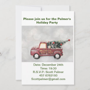 red vintage truck on a grey bokeh background invitation