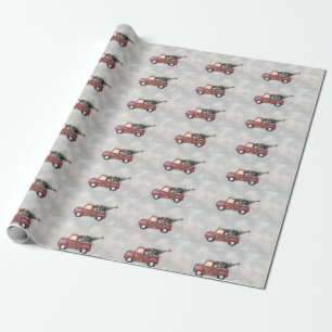red vintage truck on a grey bokeh background  wrapping paper