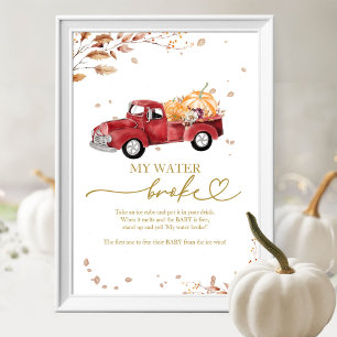 Red Vintage Truck Pumpkin Fall My Water Broke Game Poster