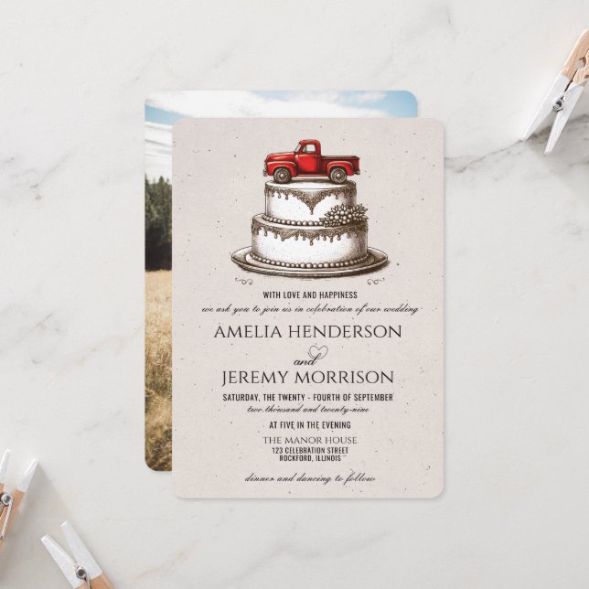 Red Vintage Truck Wedding Invitation (Front/Back In Situ)