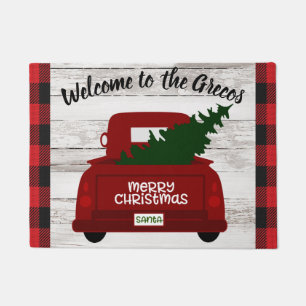 Red Vintage Truck with Christmas Tree Welcome Mat