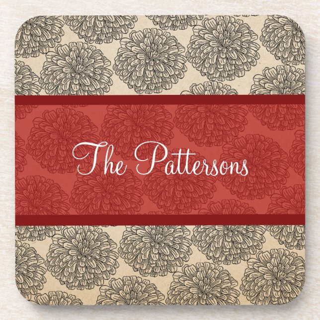 Red Vintage Zinnia Coaster Set (Front)