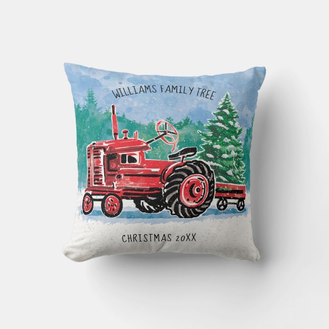 Red VintageTractor Christmas Tree Add Name Cushion (Front)