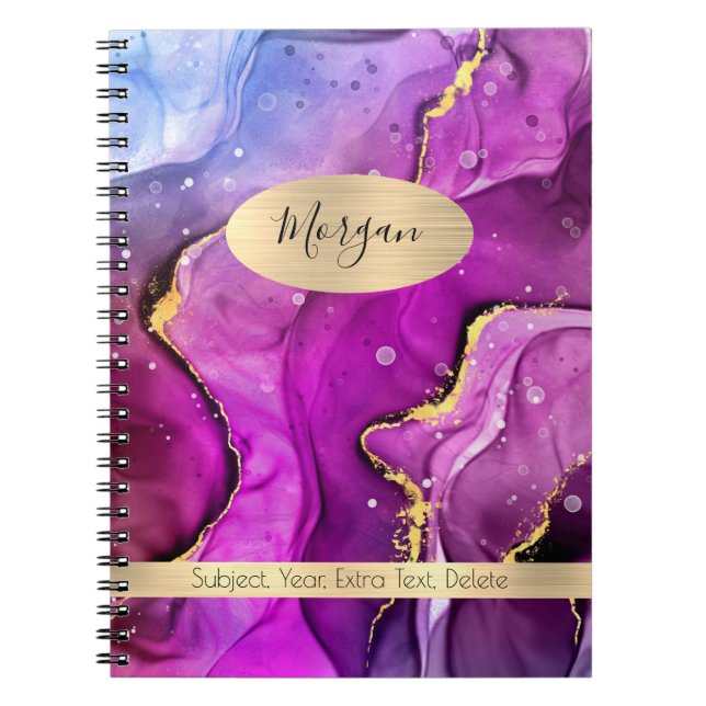 Red Violet, Blue & Gold Ink Abstract, Name/Subject Notebook (Front)