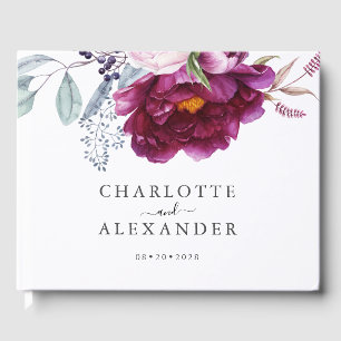 Red Violet Floral Botanical Wedding  Guest Book
