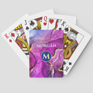 Red-Violet & Gold Liquid Ink, Monogram & Name Playing Cards