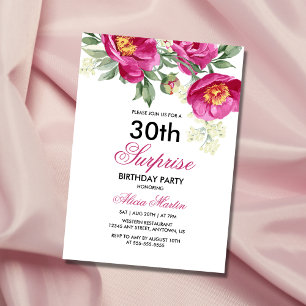 Red Violet Peony Greenery 30th Surprise Birthday  Invitation
