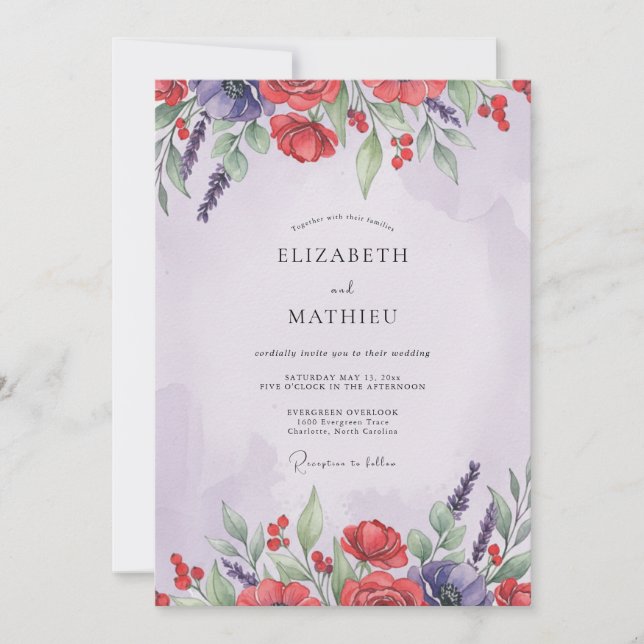Red Violet Poppy Wedding Invitation (Front)