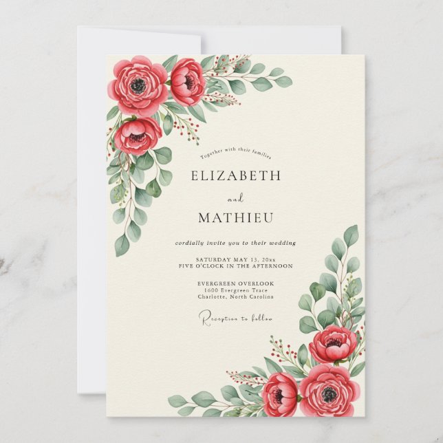 Red Vivid Botanical Wedding Invitation (Front)