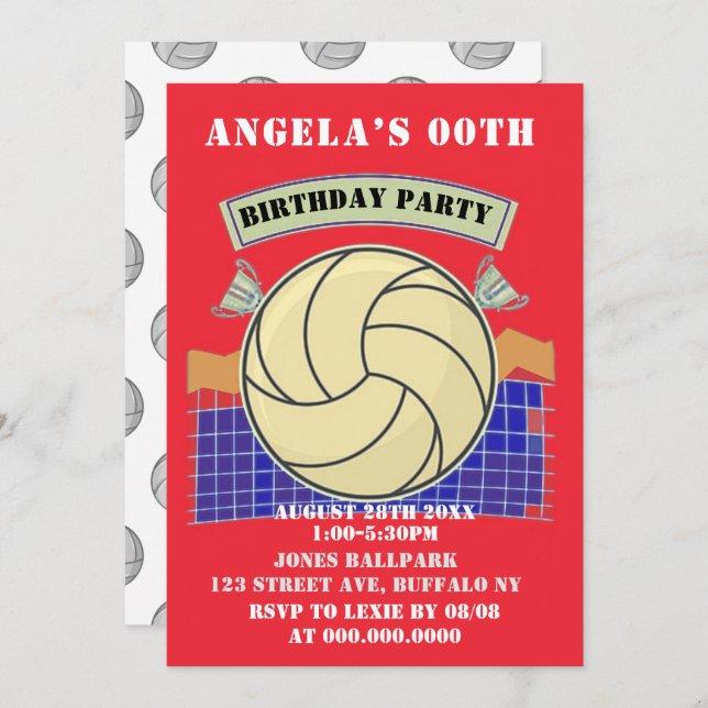 Red Volleyball Birthday Party Invites (Front/Back)