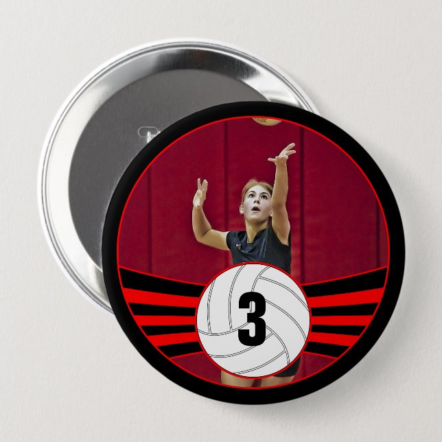 Red Volleyball Player Custom Jersey Number & Photo 10 Cm Round Badge (Front & Back)
