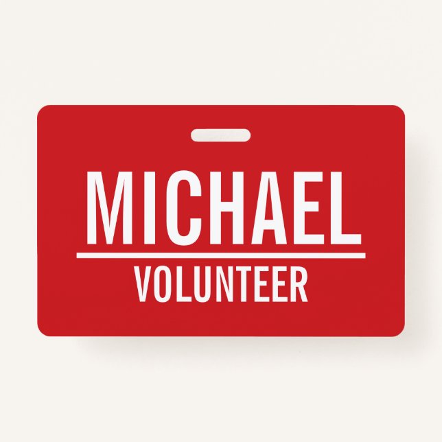 Red Volunteer Badge with Custom Name ID Badge (Front)
