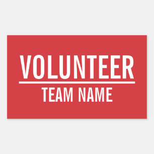 Red Volunteer Badge with Custom Team Name Rectangular Sticker