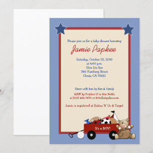 Red Wagon Teddy Bear Sports Boy Baby Shower Invitation