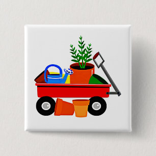 Red Wagon with Plants & Garden Tools 15 Cm Square Badge