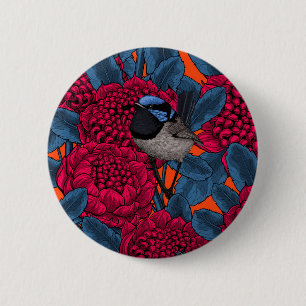 Red waratah and fairy wrens 6 cm round badge