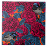 Red waratah and fairy wrens ceramic tile<br><div class="desc">First I'd drawn all the elements on paper with ink,  then redrew and coloured them in Illustrator to make the pattern.</div>